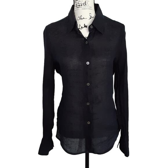 Vintage 90s 100% Linen Button Down Shirt Dark Navy Collared Roll Tab 14 Resort - Picture 1 of 7